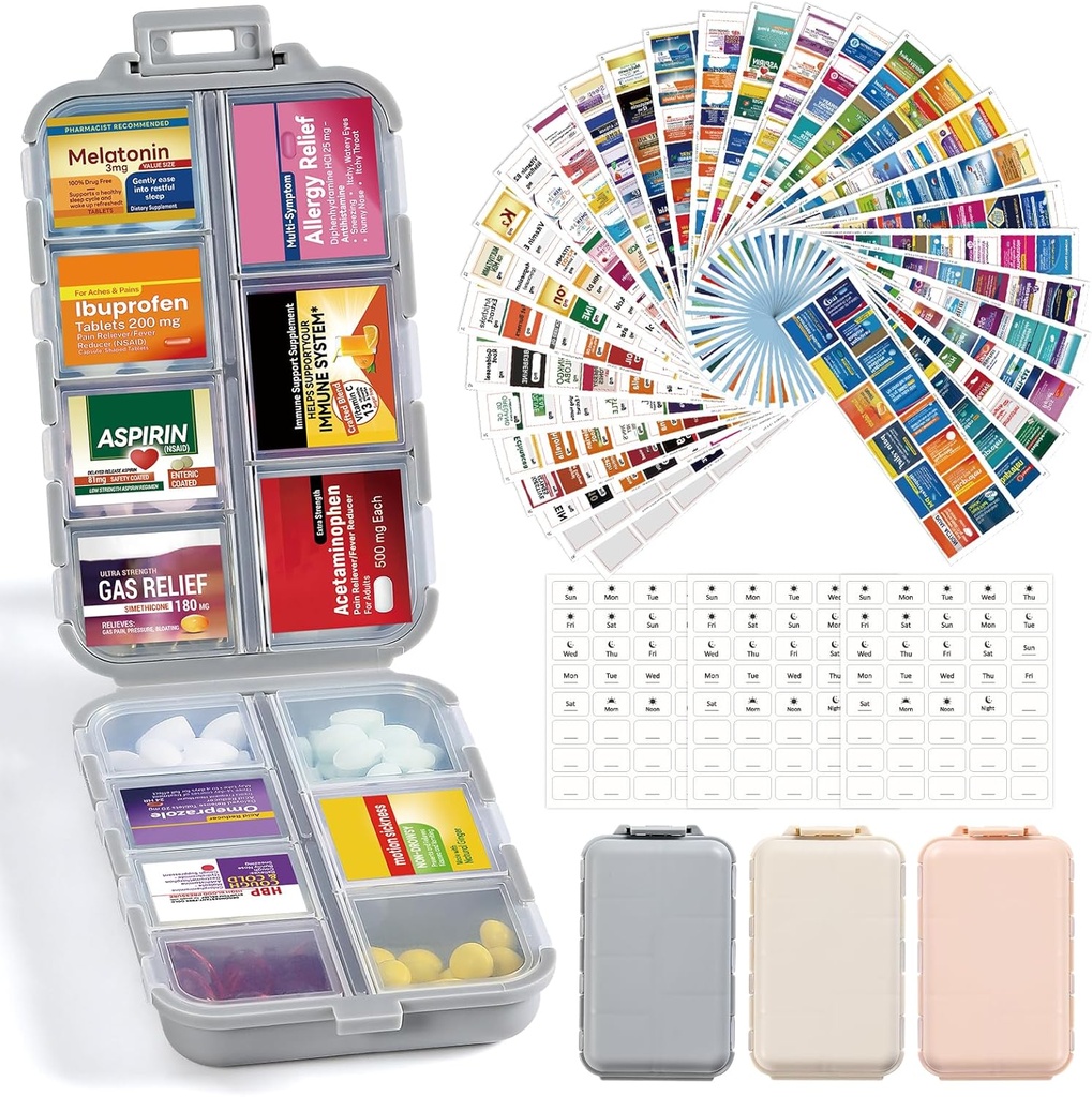3 Pack 14 Grids Travel Pill Organizer Box dengan 415 Pcs Medics Name Label - Pocket Daily Farmacy Case Container Kit
