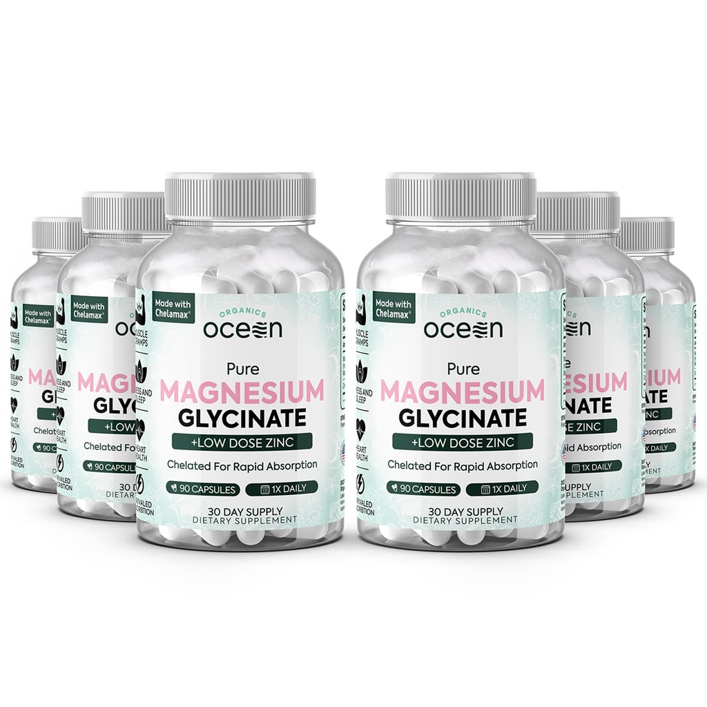 Penyelenggara Ocean Pure Magnesium Glycinate dengan Zinc - Maximum Stringed Magnesium Suplemen Perempuan dan Pria untuk Karang Otot dan Dukungan Tidur - 6 Botol