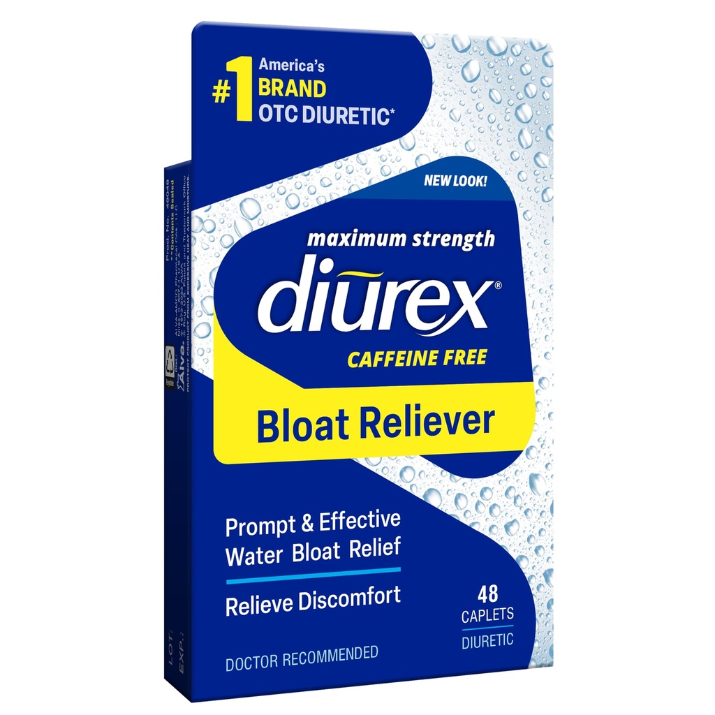 Diurex Caffeine- Free Bloat Relief, Maximum Power, Relieve Water Bloat Discomfort, Up to 6 Hours of Relief, 48 Count