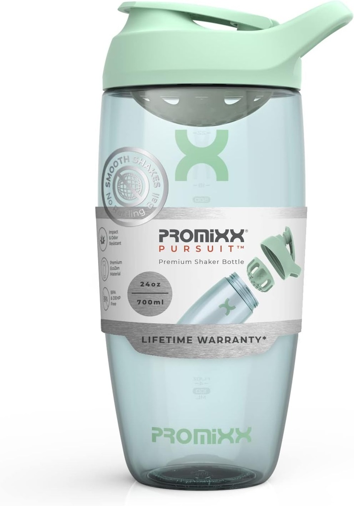 Prox Pursuit Protein Shake Bottle (24 oz) - Silent No-Ball Mixer, Leak- Providence Lid, BPA / BPS & Phthalate- Free ECOZEN - Easy- Clean Shaker Cup for Protein Shakes, Pre & Postout Smoothies