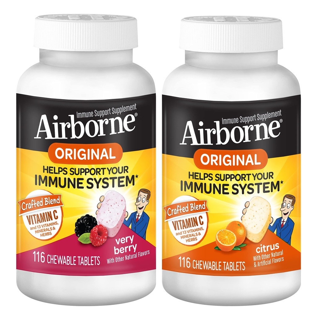 Airborne 100mg Vitamin C Chewable Tablets Citrus & Very Berry Flavor Bundle - Imune Dukungan Support dengan Zinc dan powerful Antioksidant Vitamin A C & E, (2x1116ct bottles) *