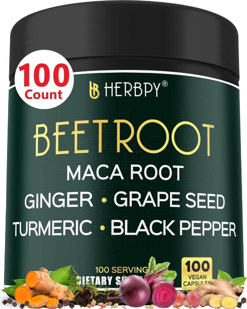 6in1 Beetroot Suplemen dengan Maca Root, Grape Benih, Ginger, Turmeric dan Black Pepper untuk Kesehatan Jantung & Imune Dukungan - 100 Vegan Kasules