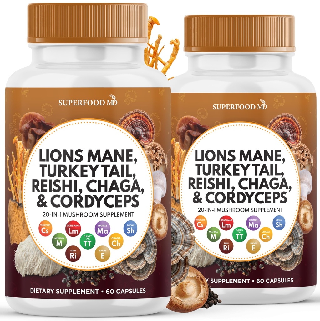 Lions Mane Mushroom Suplemen dengan Turkey Tail Reishi Cordyceps Chaga dengan Marshmallow Root - 120 Count