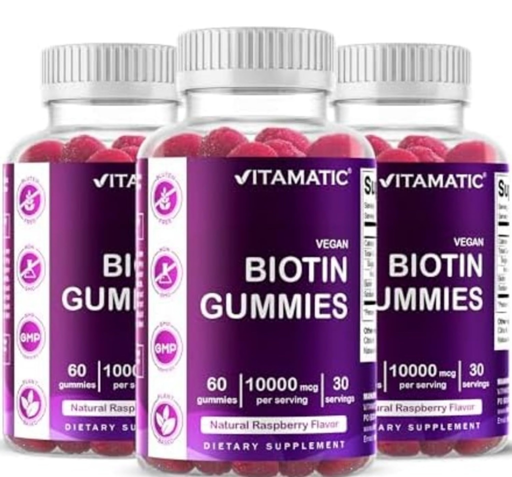 Vitamatic Biotin Gummies 10.000 mcg untuk Rambut Lebih Kuat, Skin & Nails - 60 Vegan Gummies - juga disebut Vitamin B7 (3 Botol)
