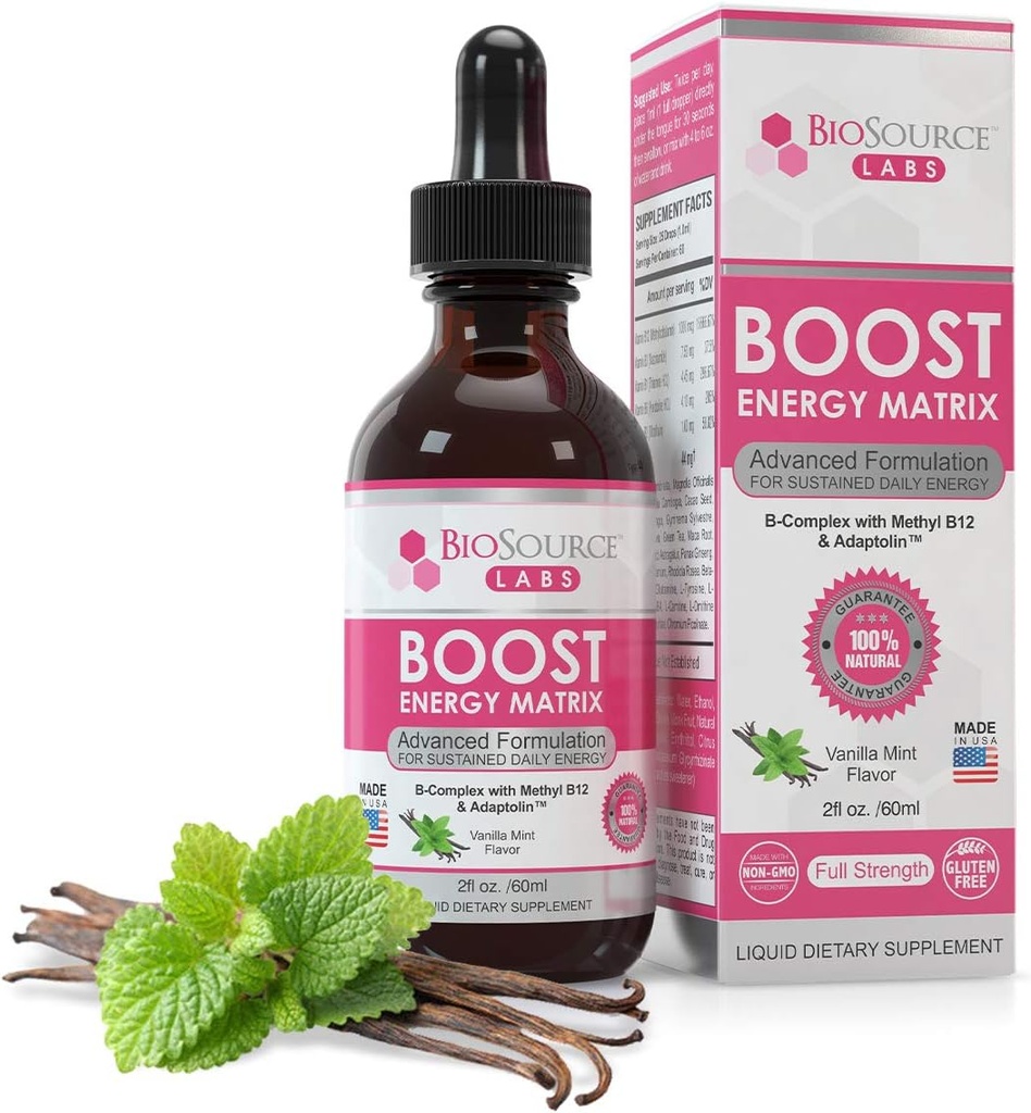 Matrix Energi Boost -Vegan Vitamin B- Kompleks Sublingual Cair Drops w / Methyl B12 & Adaptolin (2oz / 60ml Bottle)