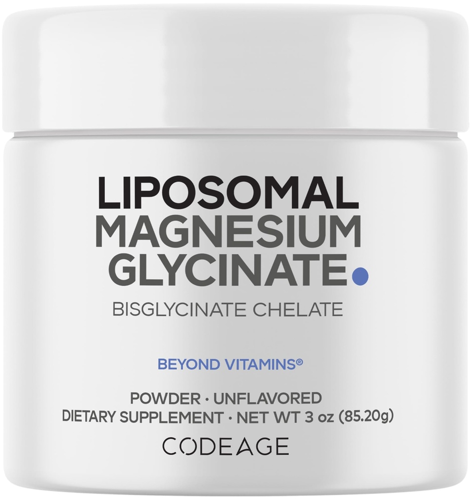 Codeage Magnesium Glycinate Powder Suplement, 2- Month Supply, Bisglycinate Magnesium Chelate, Unflasheted, Lipomal Deplodal, Conceline Magnesium Mineral, Non-GMO Vegan, 3 oz