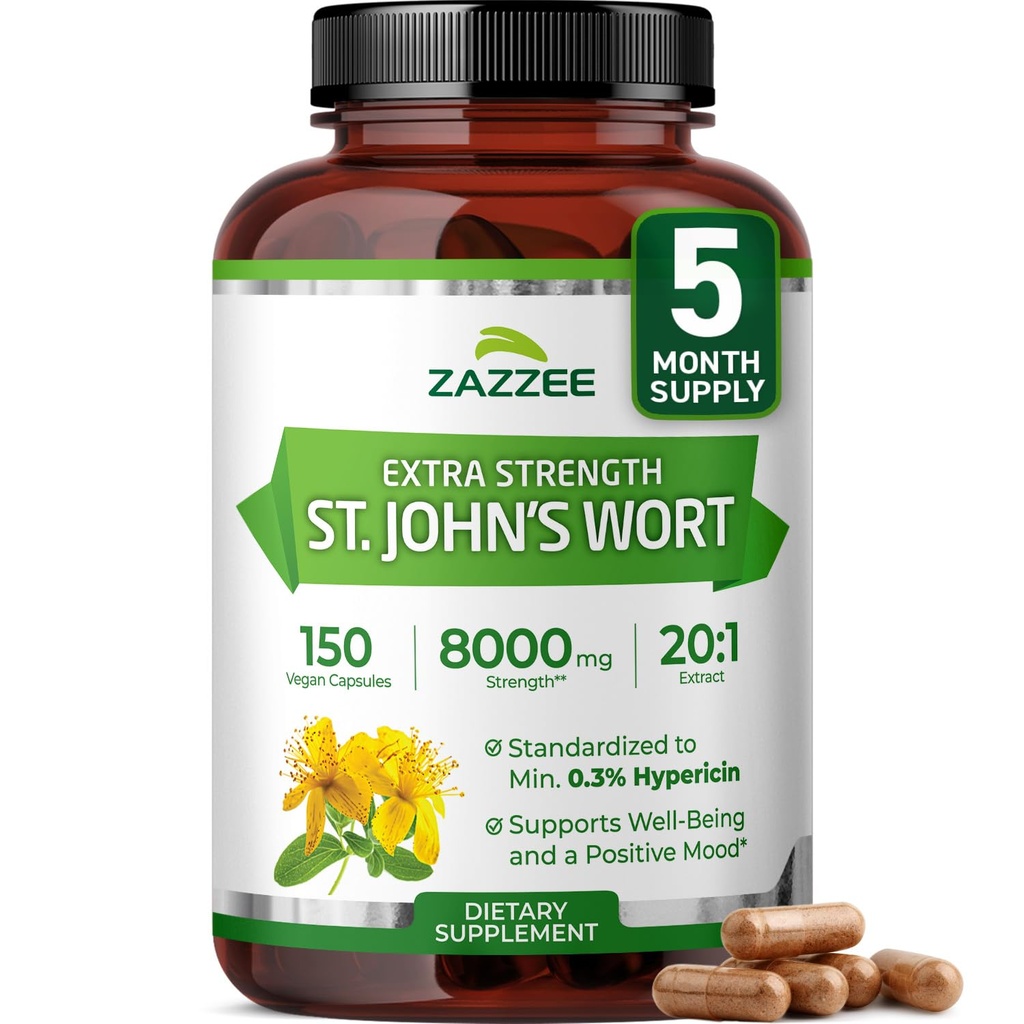 Zazzee Extra Strength St. John 's Cort 20: 1 Ekstraksi, 8000 mg Kekuatan, 0.3% Hypericin, 150 Vegan Capsules, 5 Bulan Supply, konsentrasi, Standardized 20X Ekstraksi, 100% Vegetarian, NON-GMO, All-Natural