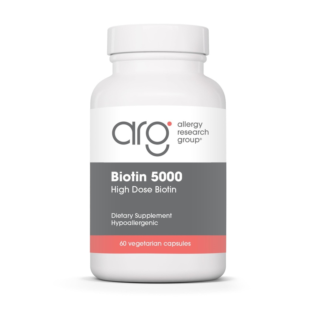 Grup Penelitian Alergi Biotin 5000 Tambahan - 5000mcg Biotin, Vitamin untuk Rambut, Skin dan Nails, High Dose, Vegetarian Capsules, Hypoallergenic, Gluten Free - 60 Count
