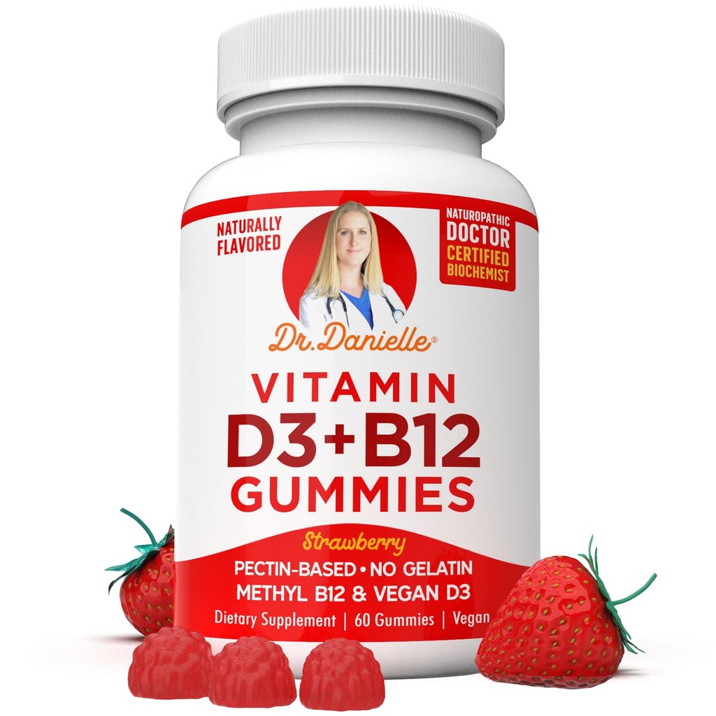 Vitamin D3, B12 Gummies oleh Dr. Danielle, Tambahan Harian Vegan untuk Orang Dewasa & Anak-anak, Non-GMO, Vitamin D3 1000 IU & 250 mcg Vitamin B12, 2 Bulan Pasokan (60 Gummies)