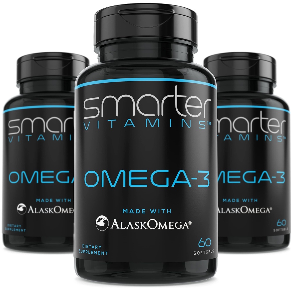 (3 Paket) Smarter Omega 3 Fish Oil, Berry Flavor, Burpless, Tastless, 2000mg, DHA EPA Triple Strength Brain, Dibuat dengan AlskOmega ®