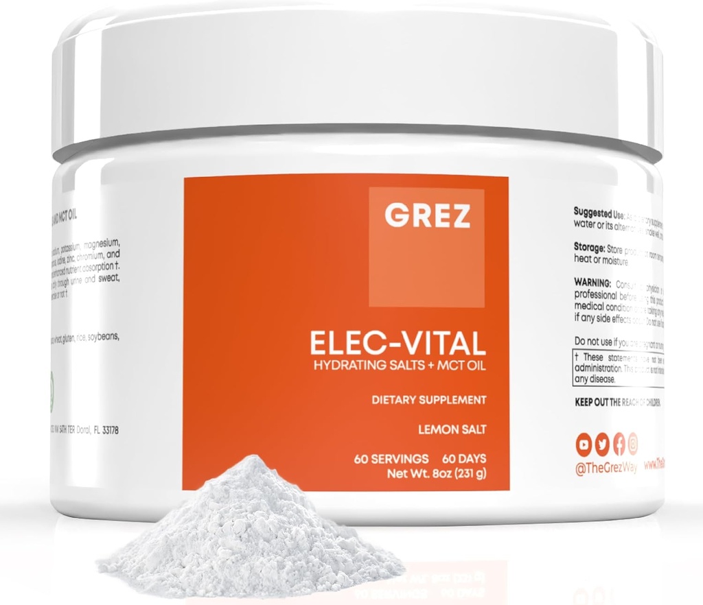 GREZ ELEC- Vital Electrolytes Powder No Sugar - Hidration Powder, Keto Electrolytes No Sugar - Complete Mineral Support, Sodium, Population, Magnesium, Zinc - 60 Servings