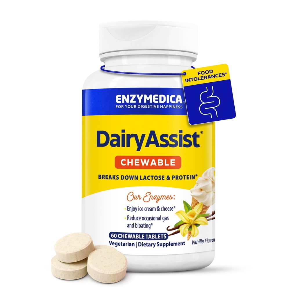 Enzymedica DairyAssist Cheable, 2-in- 1 Digetical Enzymes for Dairy, Laktosa dan Casein Dibuble, Fast- Akting Formula untuk Gas dan Bantuan Bloating, 60 Tewable Tablets