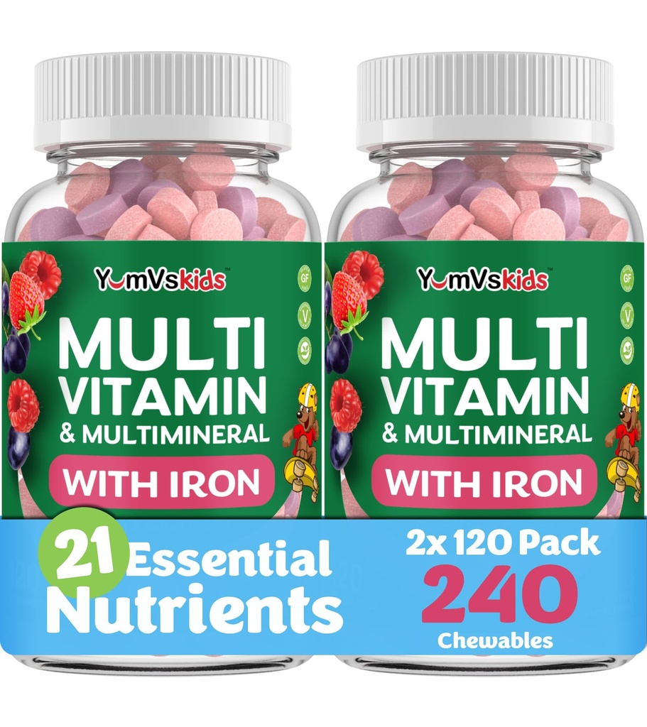 Anak-anak YUM-V Multivitamin dengan Besi - Anak-anak Dikunyah Multivitamin - Vitamin + Tambahan Besi - Toddler Vitamin untuk 2 Tahun +, Kosher, Halal, Gluten Gratis 120 (Paket 2