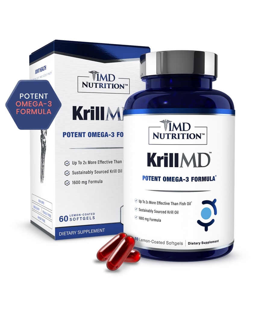 Tambahan 1MD Nultrition Krill Oil Omega 3 dengan Astaxanthin, EPA, DHA 124; 2X More Effective than Fish Oil 124; 60 Softgels