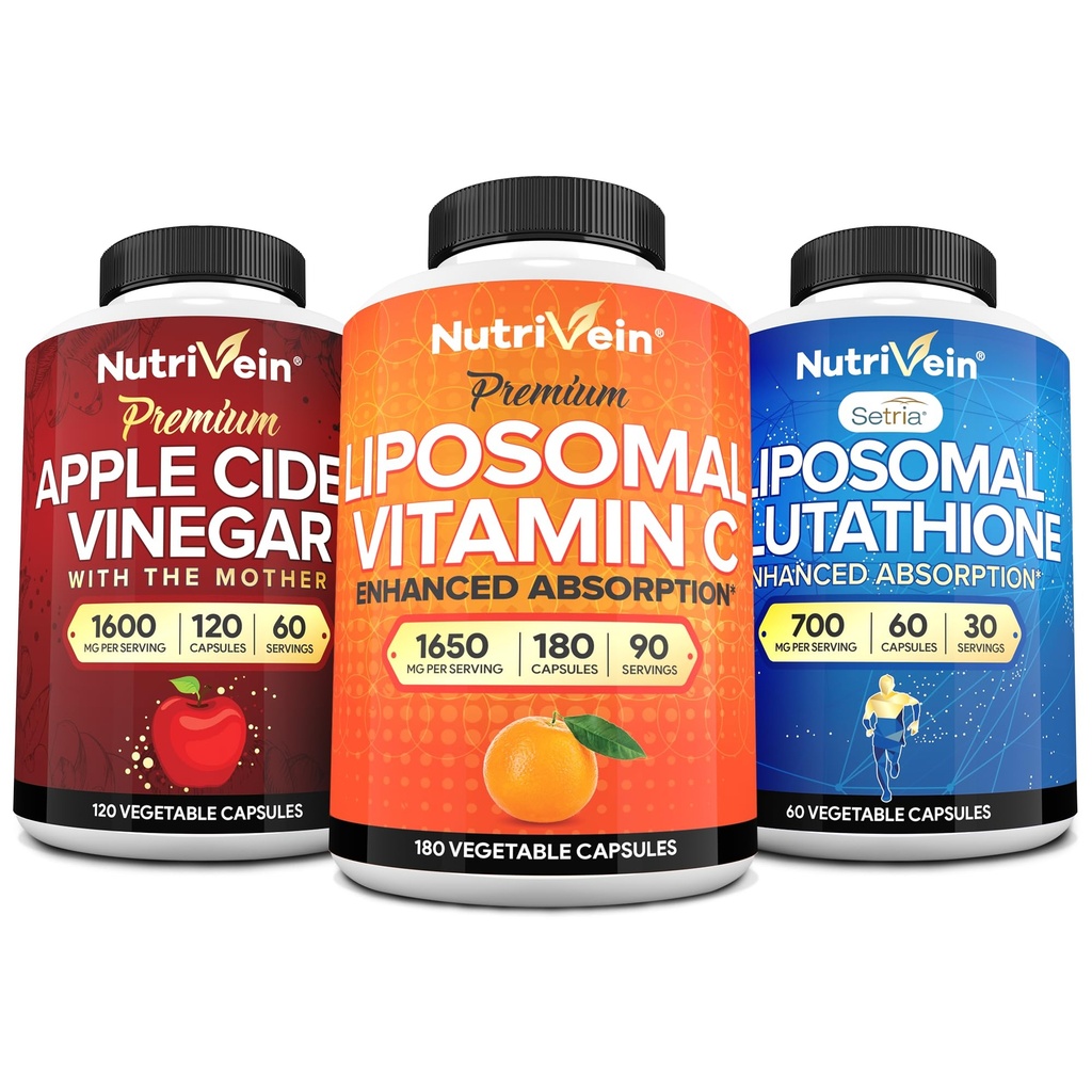 Nutrivein Premium Lipomal Glutathione, Apple Cider Vinegar Kapsul, & Vitamin C Suplement Bundle: Vitamin C, ACV Kapsules, & Glutathione Supplemen Bundle for Cellular Detox
