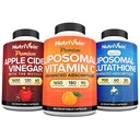 Nutrivein Premium Lipomal Glutathione, Apple Cider Vinegar Kapsul, & Vitamin C Suplement Bundle: Vitamin C, ACV Kapsules, & Glutathione Supplemen Bundle for Cellular Detox