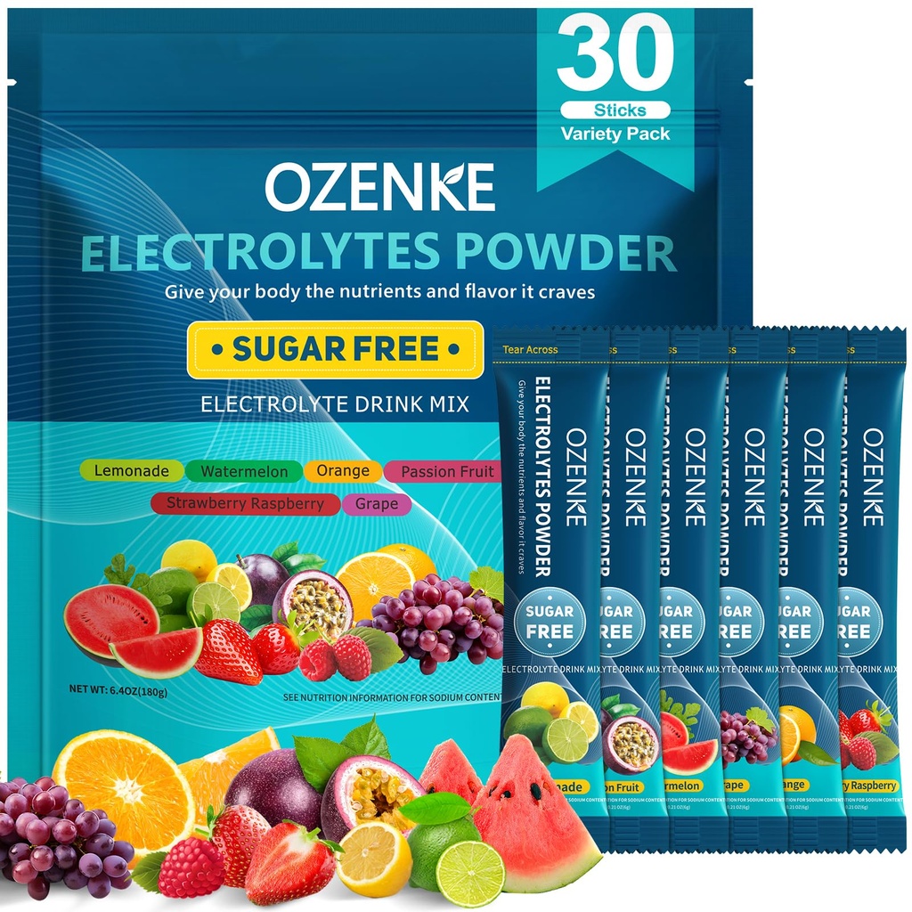 Electrolytes Powder Packet, 30 Sticks Hydration Packet Sugar Free, Electrolyte Drink Drink Mix Travel Electrolyte Packet for Rapid Hydration, 6 Flavors
