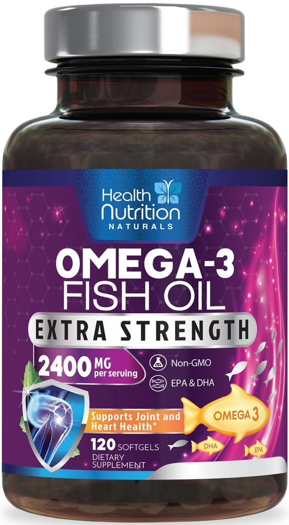 Omega 3 Fish Oil 2400 mg - Triple Power Omega3, EPA & DHA Fatty Acids Suplement - Dukungan Natural untuk Imune, Heart & Brain Health - Wild Caught, Non- GMO, Lemon Flavor, Burpless - 120 Softgeels