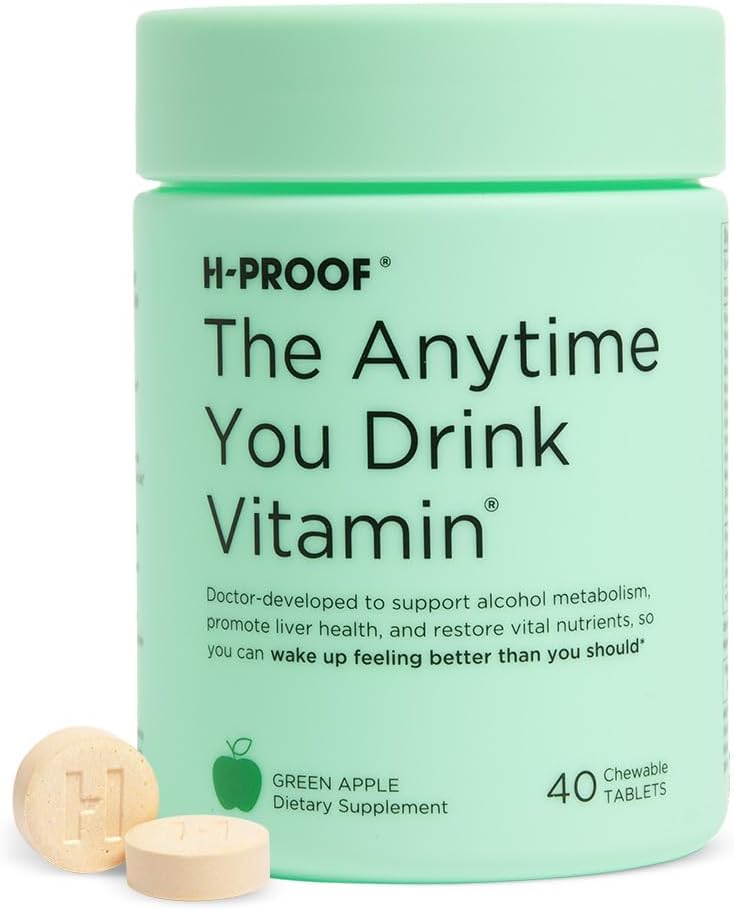 H-PROOF The Anytime You Drink Vitamin, Liver Health & Imunity Dukungan dengan Electrolytes, Milk Thistle, dan Vitamin B & C - 40 Chewable Tablet (20 Pelayan), Vegan, Green Apple