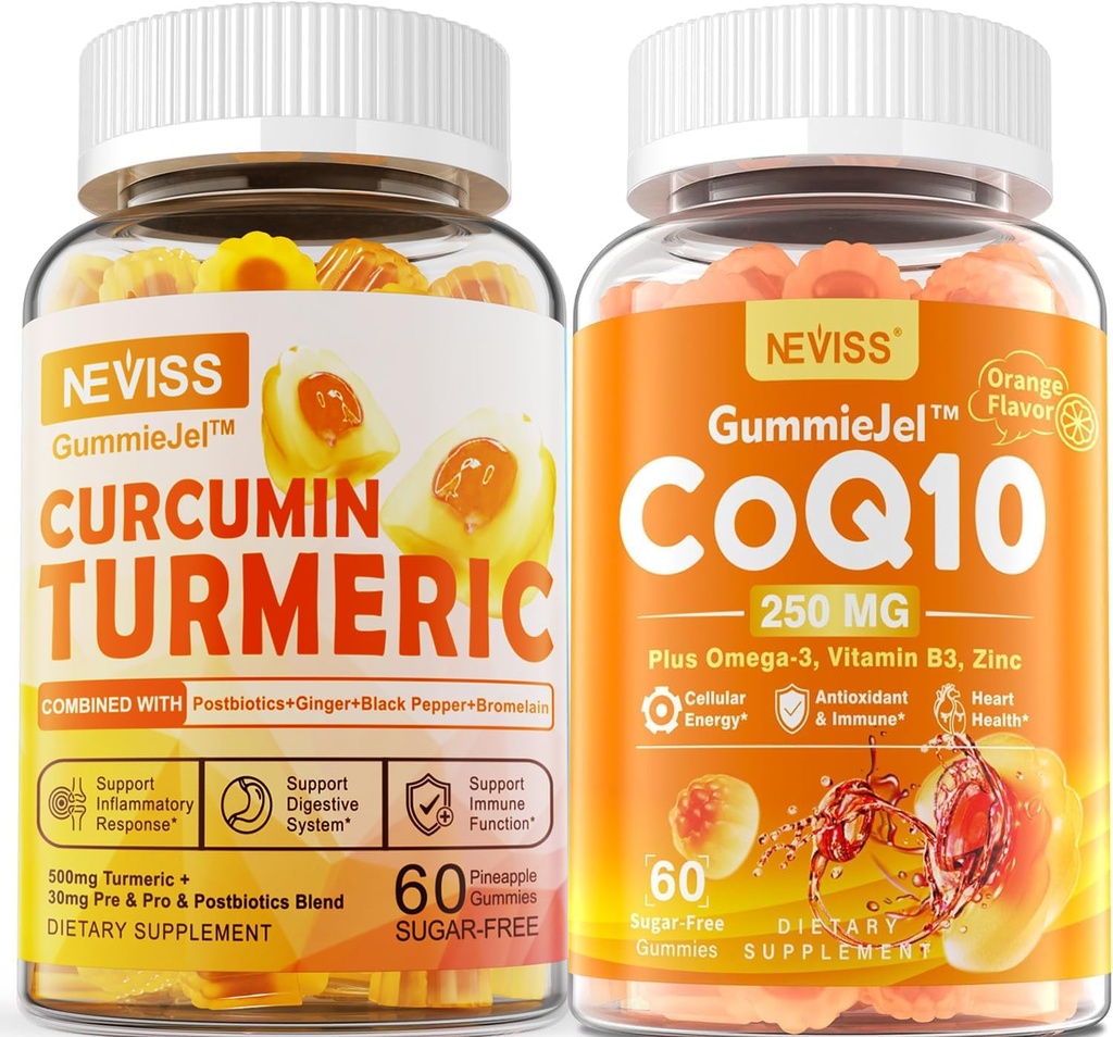 Sugar Free Turmeric Curcumin Filled Gummies 550mg & CoQ10- 250mg Filled Gummies, Imune, Digetical Health, Cellular Energy & Antioksidant Support