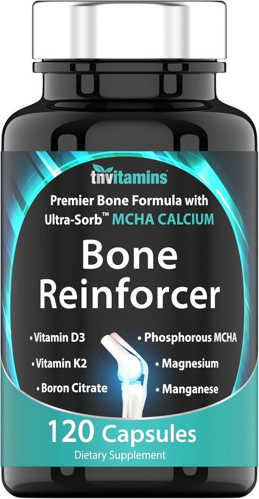 Bone Reinforcer (120 Kapsul) MCHA Calcium Suplemen dengan Vitamin D3, Magnesium, Vitamin K2, Boron Citrate, Phosponous MCHA, & Manganese 124; Persediaan Bone Kuat untuk Perempuan & Pria