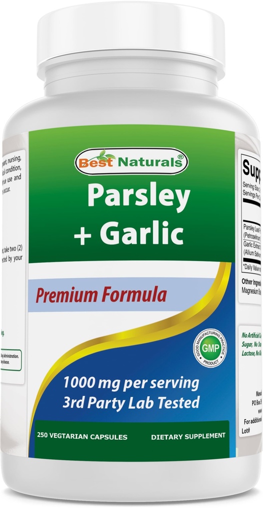 Terbaik Parsley dan Bawang putih 1000 mg per Serving 250 Vegetarian Capsules. Gluten Free and Non- GMO.