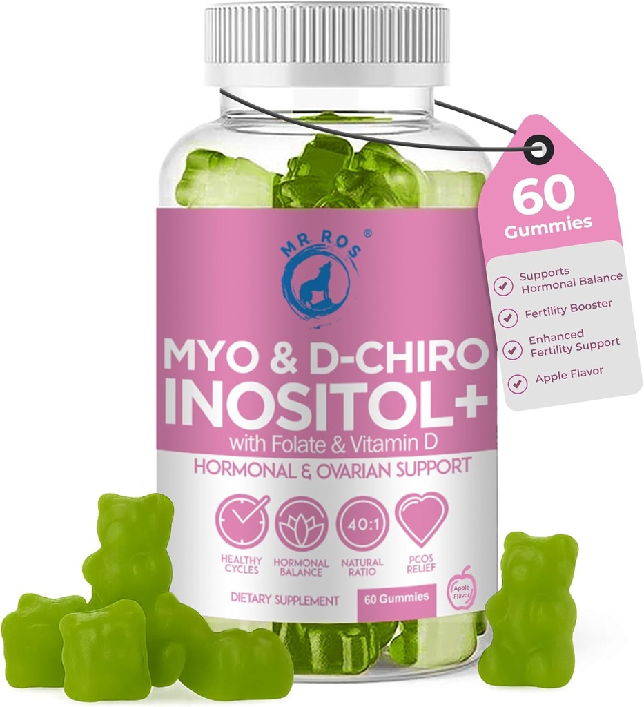 Inositol Gummies PCOS with Folate & Vitamin D - Myo & Dro Inositol Blend, 40: 1 Rasio, 60 Apple Flavor Gummies