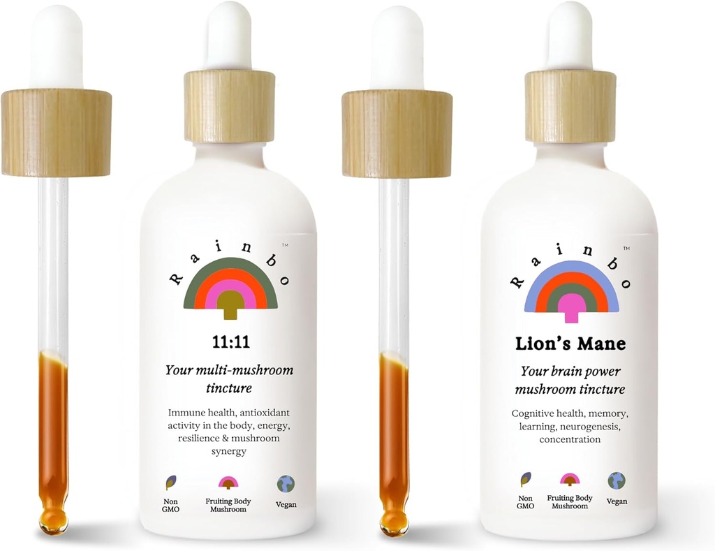 Rainbo Fan Favorit Bundle, 11: 11 Multi Mushroom Ekstrak + Lion 's Mane Mushroom Tincture, Dual Extract Harian Mushroom Tinctures for Comprehensive Immune Support, Vegan Cid Mushroom Suplemen