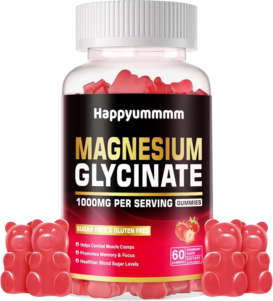 Magnesium Glycinate Gummies 1000mg - Sugar Free Magnesium Potasium Suplemen dengan Vitamin D, B6, CoQ10 untuk Calm Mood & Sleep Dukungan - 60 Strawberry Gummies.