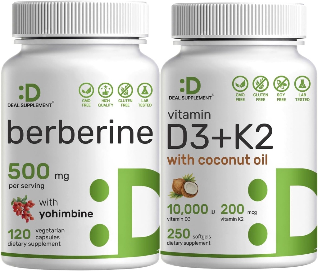 DEAL SUPLEMENT Vitamin D3 10000iu + K2 200mcg Softgels & Berberine Suplemen dengan Bundle Yohimbine - Enscid Sunshine Vitamin dengan Coconut Oil - High Absorpsi Hydrochloride HCl Forms