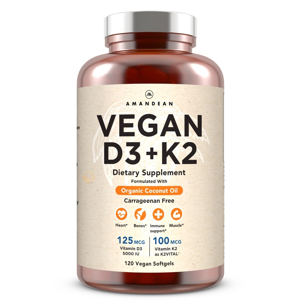 AMANDEAN Vegan Vitamin D3 K2. 5000 iu dari Algae. Semua Trans MK-7. 120 Softgels. Tumbuhan & Karrageenan Bebas.