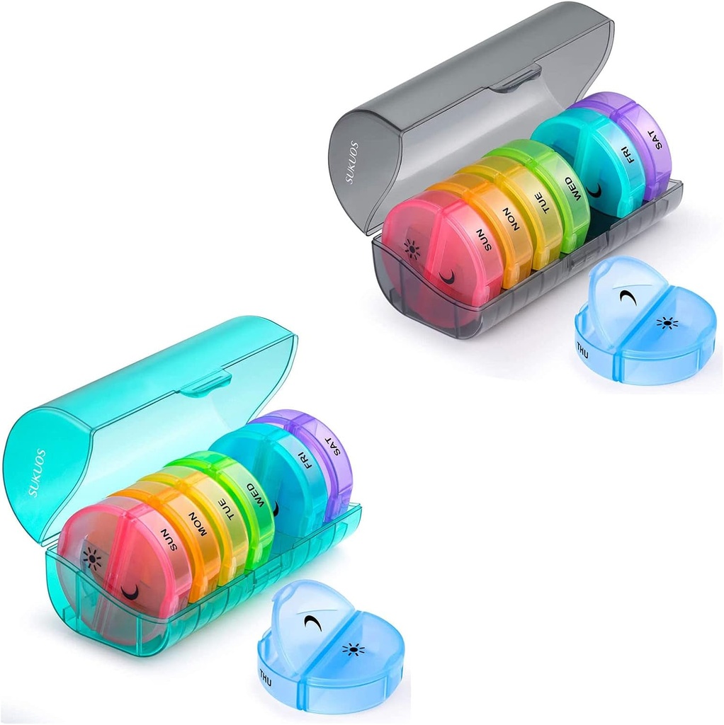 2 Pack Weekly Pill Organizer 7 Hari 2 Kali sehari, Sukuos Besar Kasus Pil Pil Harian untuk Pil / Vitamin / Minyak Ikan / Suply, Kotak Pil Bebas BPA, Mudah dibersihkan