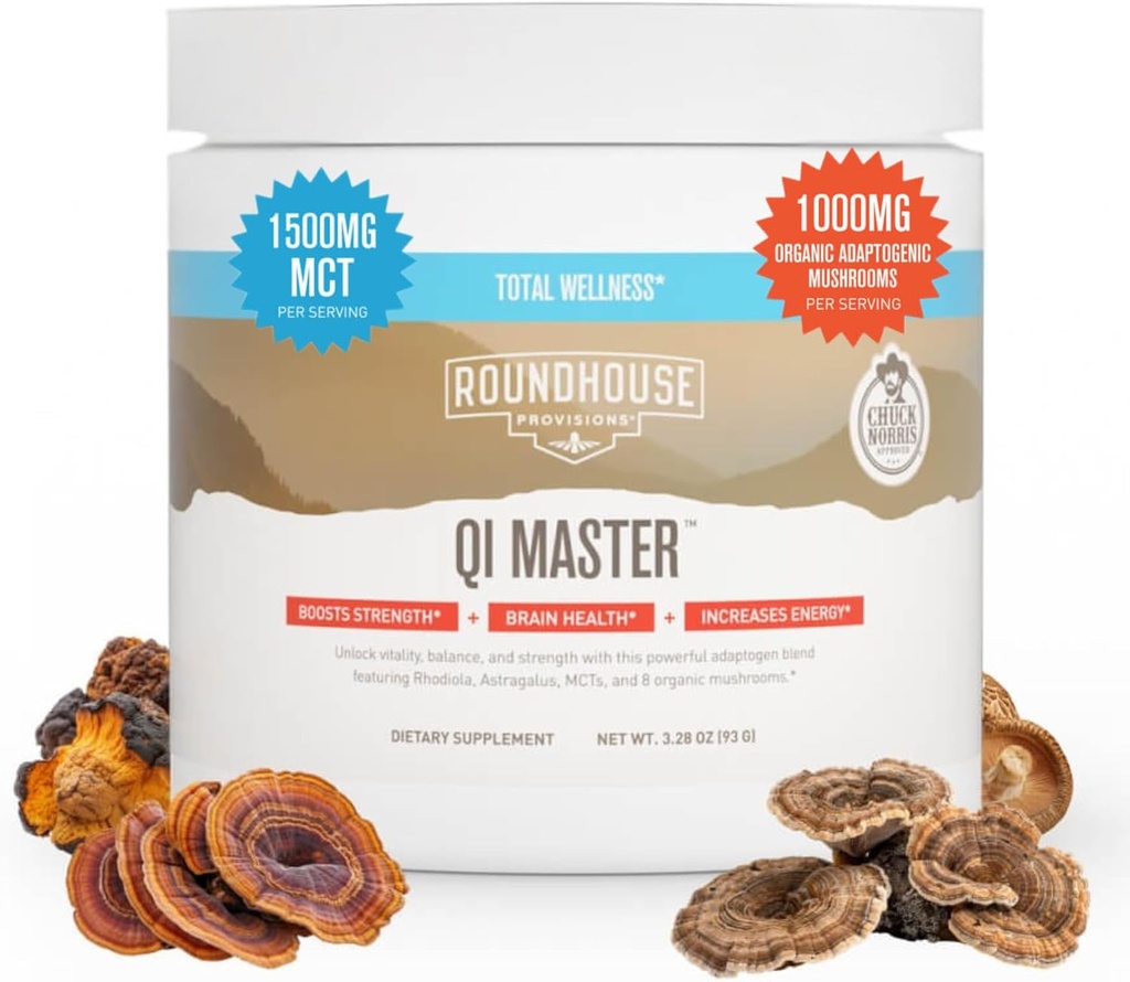 PROVISI ROUNDDHOUSE Qi Master Adaptogen Blend, Earthy Mushroom Flavor dengan Astragalus Root, Ekstrak Rhodiolife, MCT, 8 Jamur Organik (30 Scoops) oleh Chuck Norris