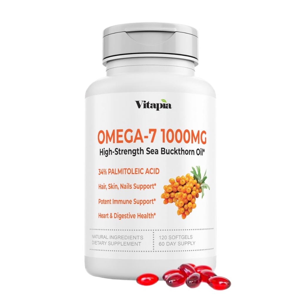 Vitapia Omega 7 Buckthorn Berry Oil 1000mg for Hair, Skin, Nails, Heart Health Support - 34% Palmitoleic Acid & Natural Omega 3 6 9 Fatty Acids Supplemen - 120 Capsules, Non-GMO, Gluten- Free