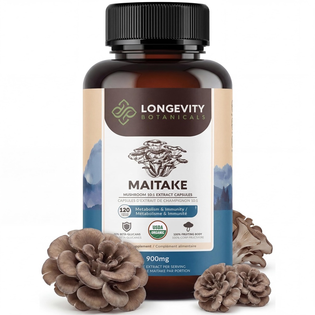 Panjang umur Botanicals Organic Maitake Mushroom Extract Capsules (120) 124; konsentrasi 10: 1 Rasio 124; 100% Fruit Bodies = Grifla frondosa Natural Suplemen Untuk Kesehatan Gut & Imunity Support
