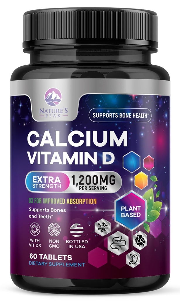 Kalsium 1200 mg dengan Vitamin D3, Calcius Tambahan Vitamin, Bone, Teeth & Imune Health Support, Calcium Suplemen D untuk Perempuan & Men, Nature 's Absorbable Calcium Carbonate - 60 Tablet