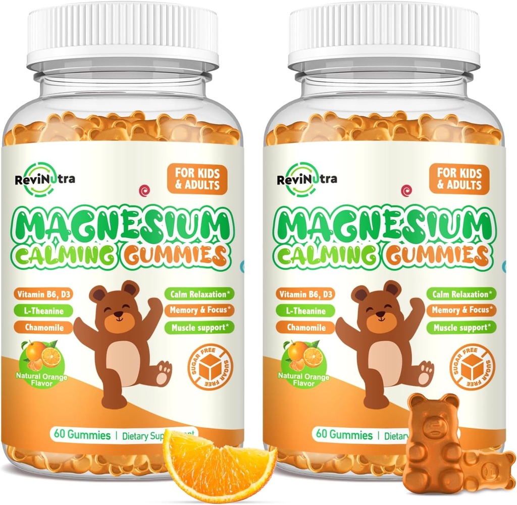 Magnesium Gummies for Kids - Magnesium Glycinate Gummies Supplement with L- Theanine, Vitamin B6, D3 for Dewata & Kid, Calm Magnesium for Slexation, Relaxation, Brain, Bones, Sugar Free Orange 120ct