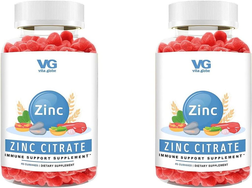 VITA GLOBE Citrate Gummies - 50mg Daily Zinc Supplemen 124; Imune System & Skin Health Support 12.4; Vegan, Non-GMO Chewable Gummy Vitamin for Dewata & Anak - 96 Cacah (Paket 2)