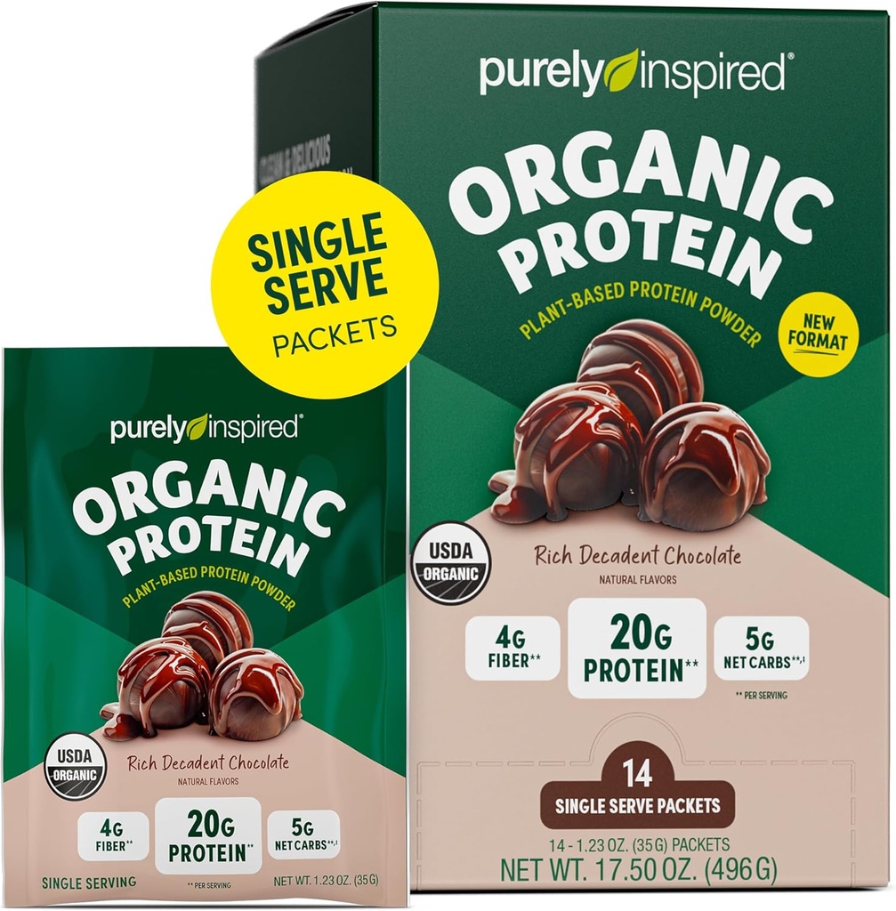 Powder Protein Organik Murni, 14 Paket Servis Tunggal, Coklat Decadent Kaya - 20g Pound- berbasis Protein untuk Smoothies & Shakes - Bebas, Non-GMO - untuk Pria & Perempuan