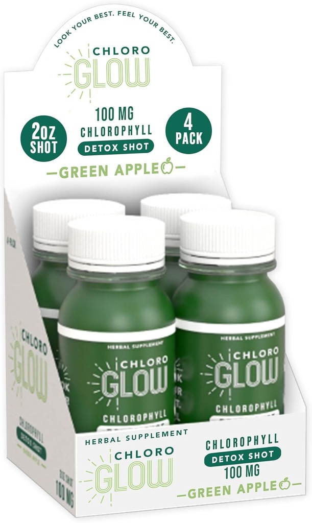 Chloroglow Chlorofil Shots - Plant Organik - Berdasarkan Green Apple Minum untuk Dukungan Imune & Badan Cleanse - Suplemen Alam (4 Pack)