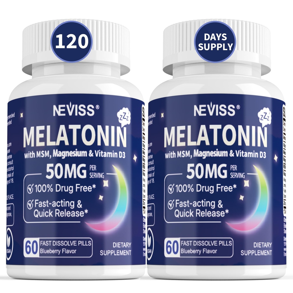 Melonasin dalam 50 mg untuk Orang Dewasa - Ekstra Kekuatan 9-1 Dissolve Sublinual - Dose Tinggi dengan Magnesium Glycinate, Vitamin D3, Ashwagandha, Lemon Balm, Chamomile, Sugar Free, Vegan 120 tablet