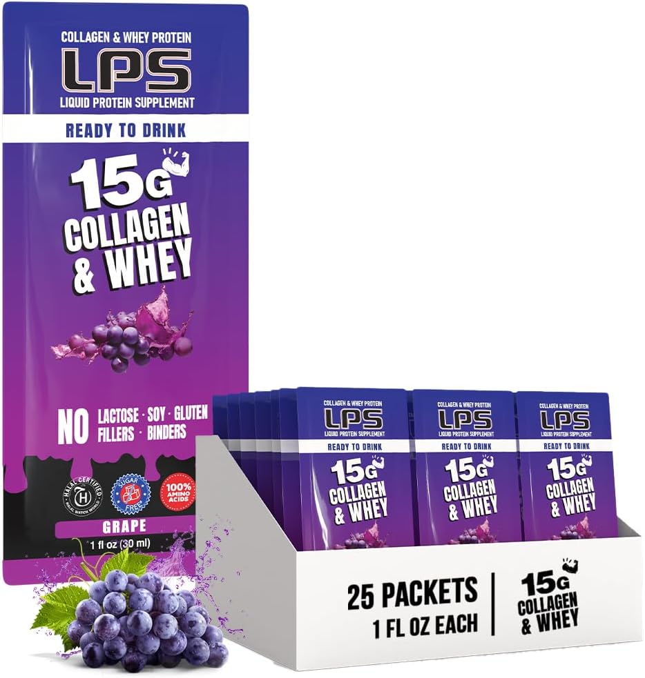 Nutrational Design Liquid Collagen LPS & Whey Protein Suplement - Minuman None-GMO, Sugar- Free - Promites Heally Skin & Hair for Men & Women, Grape, Single Serve Serve (25 Paket)