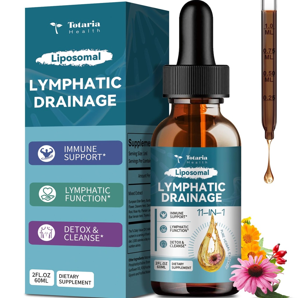 Lipomal Lymphatic Drainage Drops - 11 dalam 1 Organic Lymphaage Drainage Suplemen Lipomal dengan Burdock Root, Echinacea, Elderberry, Calendula, Cleavers Herb, Dandelion Support Lymphatic Health 2 FL.OZ