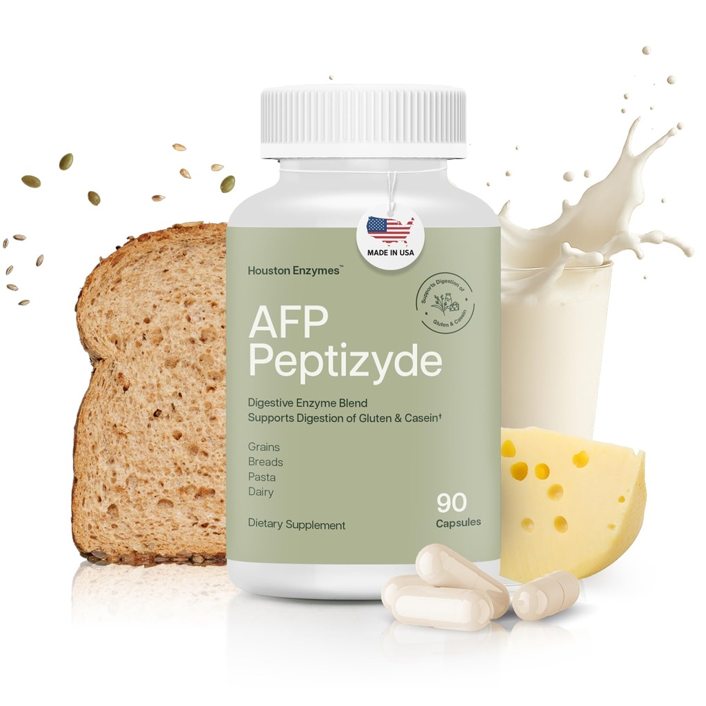 Houston Enzymes AFP Peptizyde - Digeptical Enzyme Combination for Protein, Casein & Gluten Protein - Enzymes Digevical for Women and Men (90 Capsules)