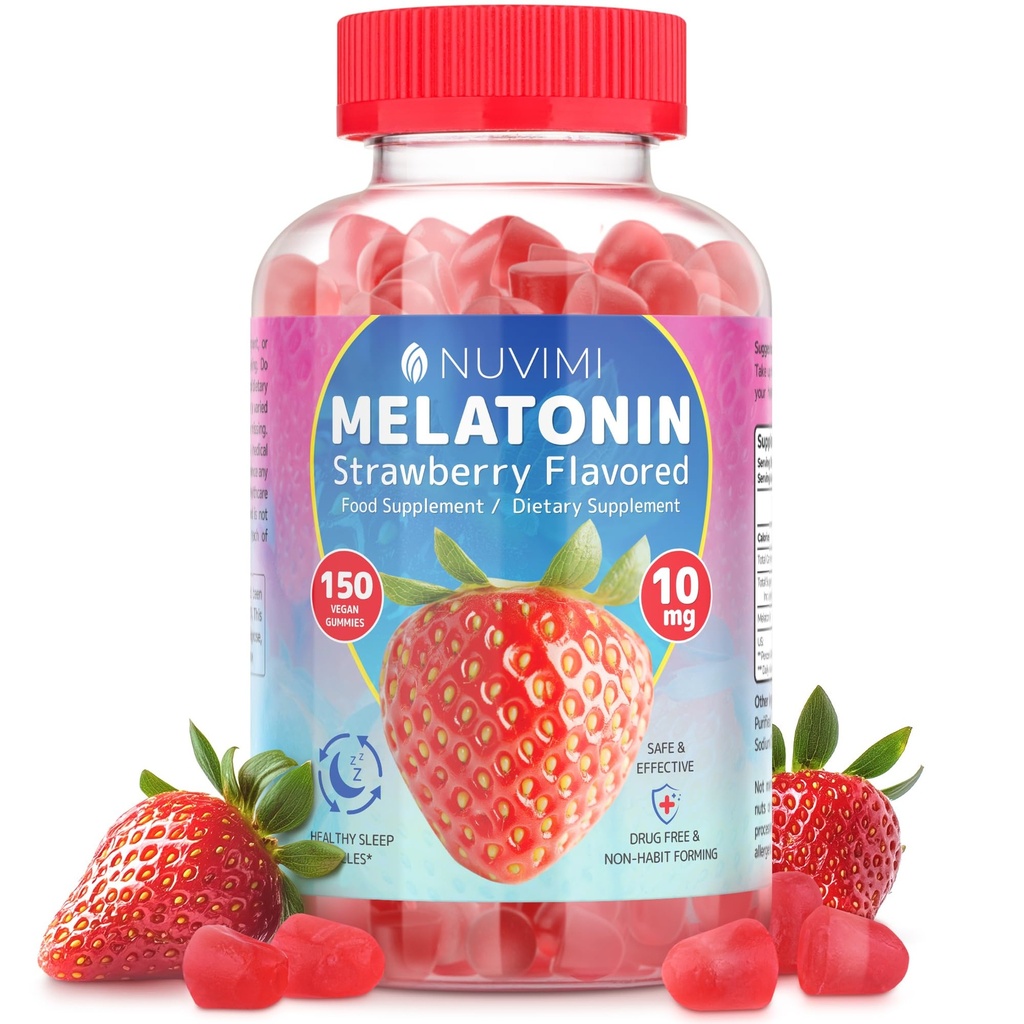 Melonasin Gummies - 10 mg Strawberry Flavared Diet Food Supplement untuk Bantuan Dukungan Tidur - 150 Vegan Gummies