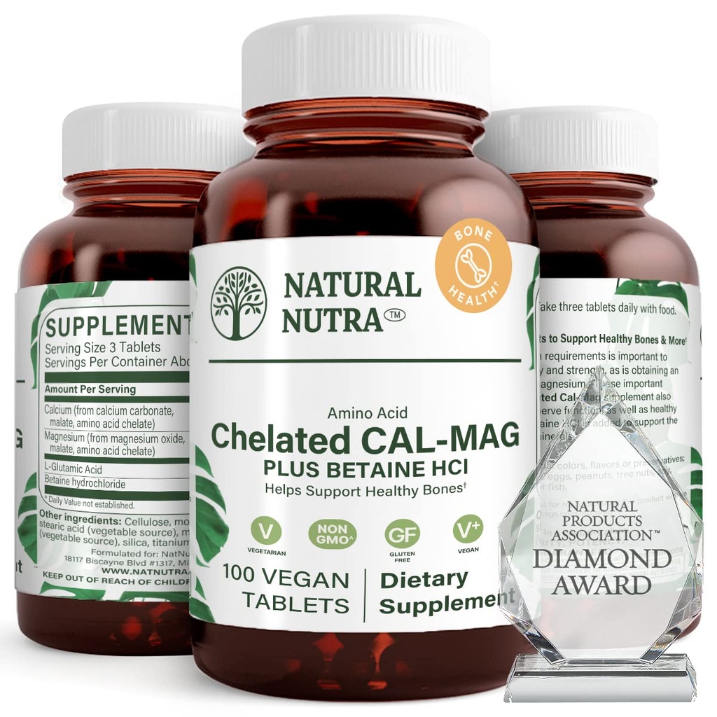 Natural Nutra Chantated Kalsium Magnesium 1000 / 500 mg Suplemen Plus Betaine HCL - Chlated Cal Mag Inprove Bone Density, Pasokan Otot, Teeth, Kardiovaskular & Nerve Kesehatan, 100 Tegan Tablet