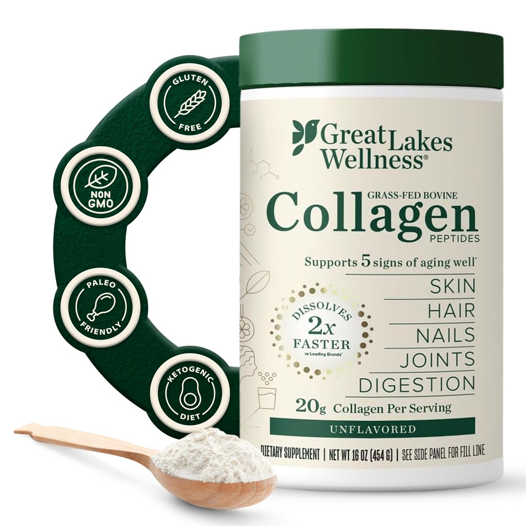 Great Lakes Wellness Collagen Peptides Powder untuk Skin, Hair, Nails, Joints & Distraffed - Unfected - Quick Dissoled Hydrolyzed, Non-GMO, Keto, Kosher - 16oz