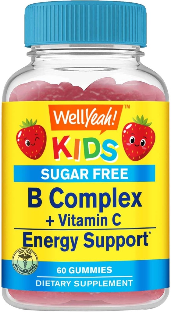 Welly Kids Vitamin B Complex Sugar Free Gummies 124; dengan Vitamin C, Folic Acid 124; Immune dan Dukungan Energi 124; Strawberry Flavor 124; 60 Count