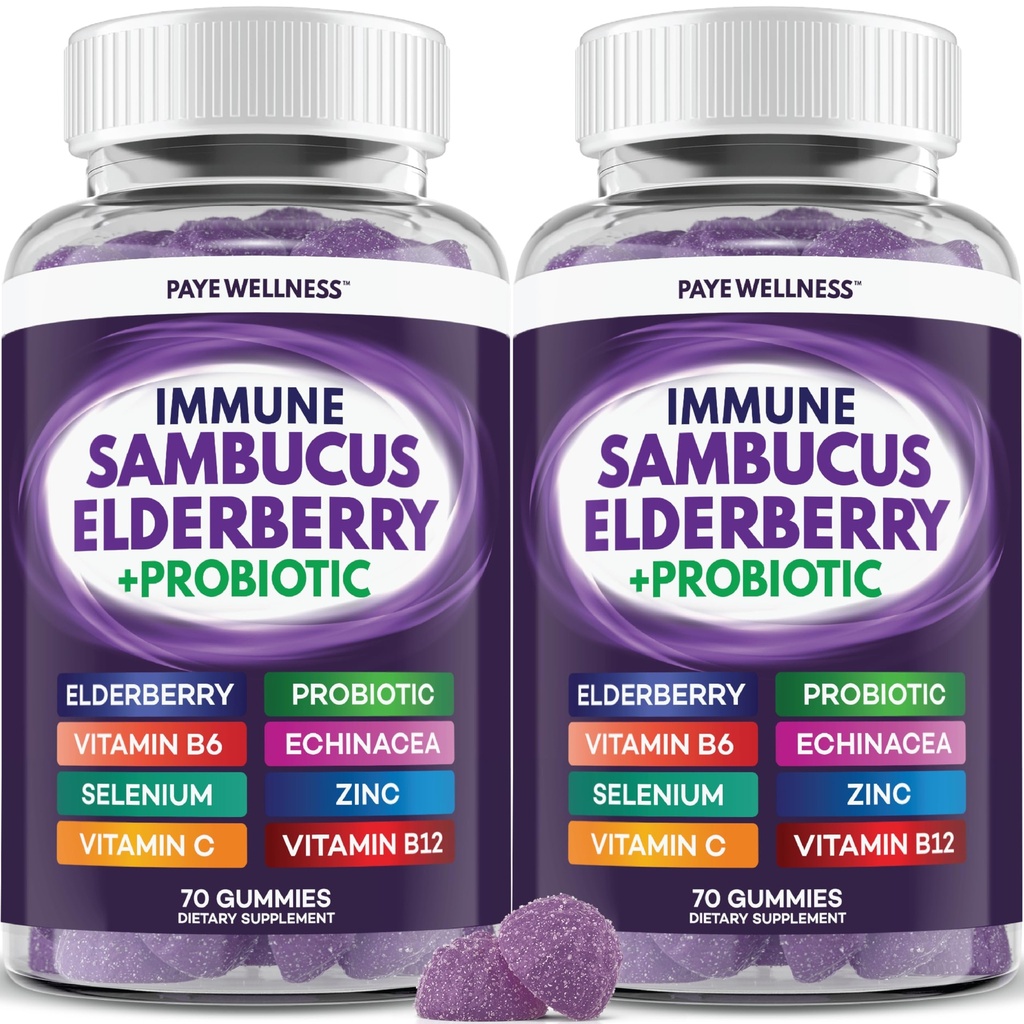 Dukungan Imuniune Elderberry, Dukungan Harian untuk Anak dan Orang Dewasa *, dengan Sambucus Elderberry, Zinc, Vitamin C, D3, B6, B12, Plus - Dietary Supplemen - 140 Count