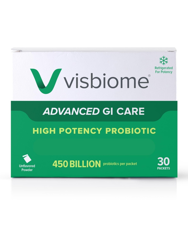Visbiome ® Advanced GI Care - High Potency Probiotic 450 Milyar Power - 30 Packets Unflashored Powder - Original De Simone Formulasi - Shipped Cold in Recyclable Cooler dengan Temperatur Monitor.